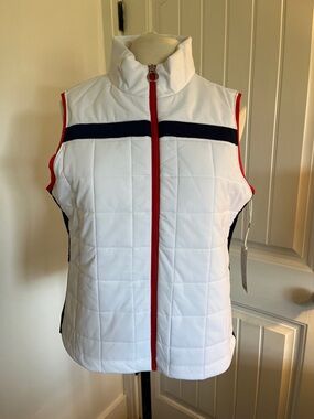 Kinona White Quilted Vest with Red Trim and Navy Stripe